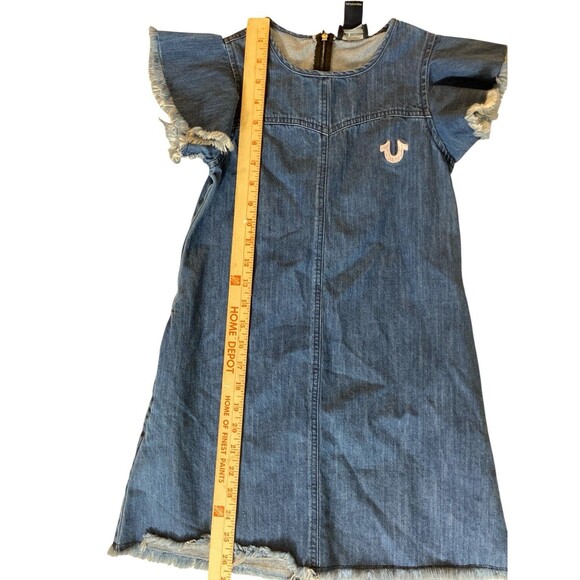 True Religion Girls Denim Dress Sz S (Tencel) Flutter Sleeve Distressed Hem Blue - Picture 7 of 10